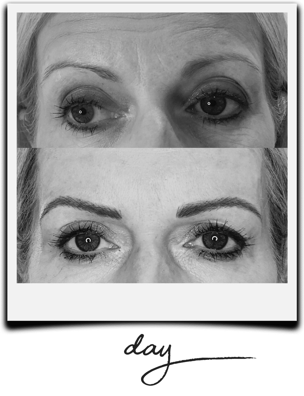 Brows before and after, polaroid