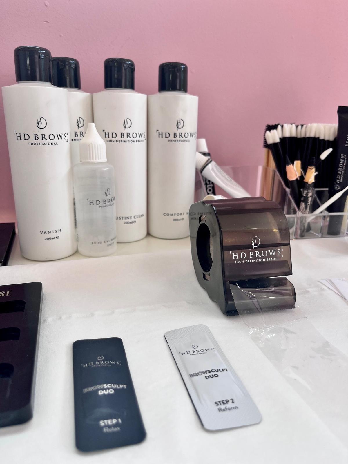 HD Brows products and tools on Nicola’s counter